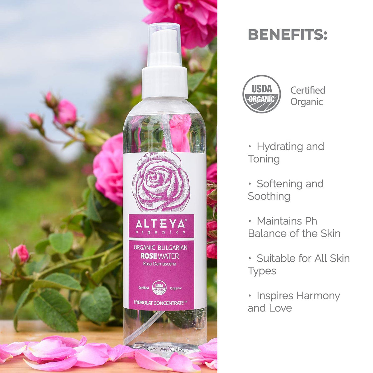 Alteya Organics Rose Water Bulgarian Rosa Damascena with authentic sourcing.