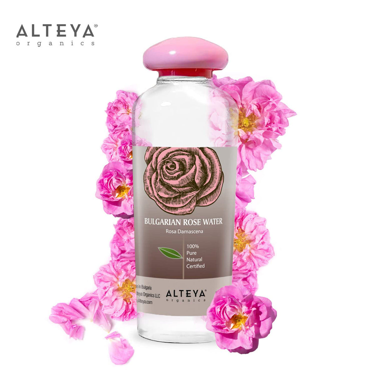 Alteya Organics Rose Water label detail highlights a single-ingredient formula.