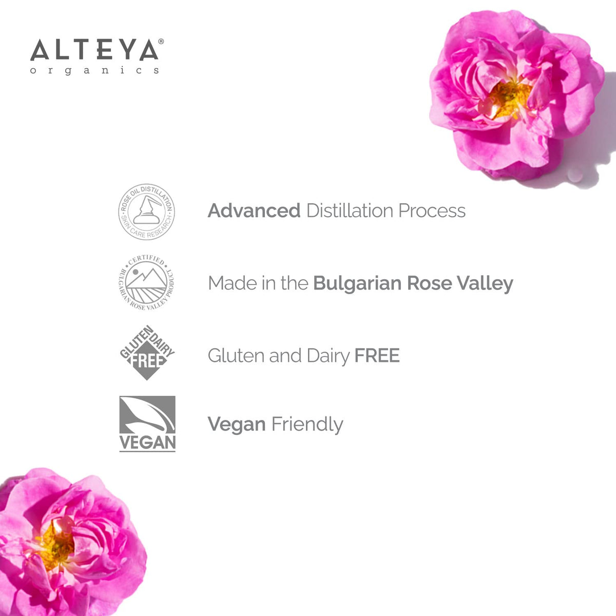Alteya Organics Rose Water is poured from bottle for use.