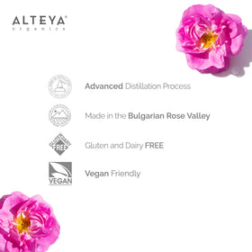 Alteya Organics Rose Water is poured from bottle for use.