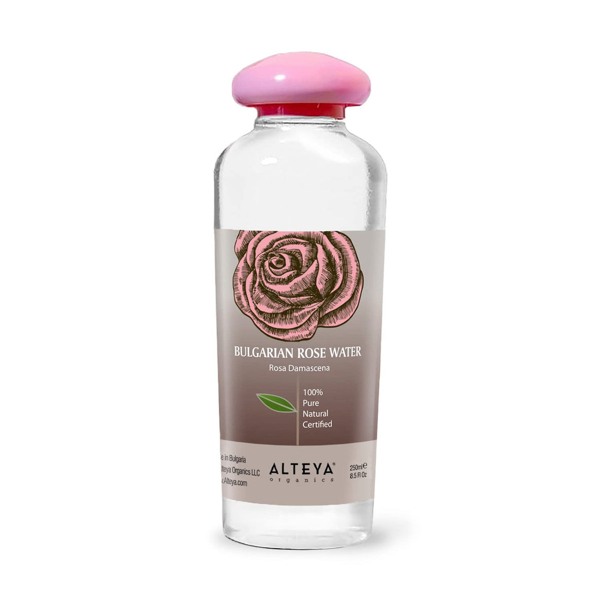 Alteya Organics Rose Water bottle on a vanity for daily hydrating toning.