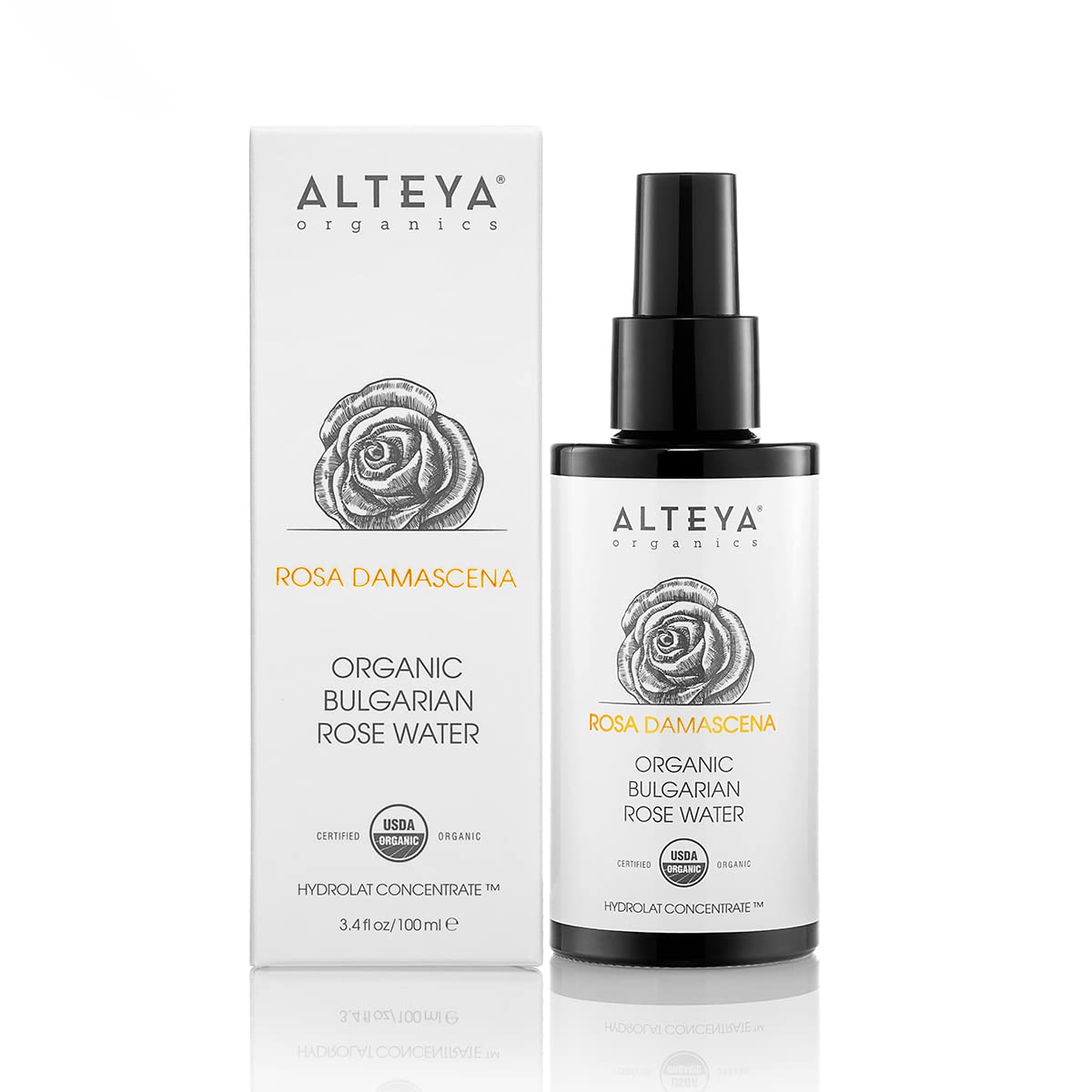 Alteya Rose Water bottle closeup highlighting pure organic formula for skin