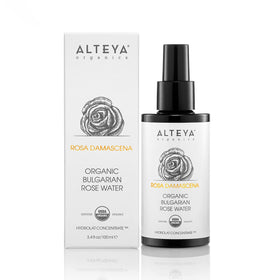 Alteya Rose Water bottle closeup highlighting pure organic formula for skin