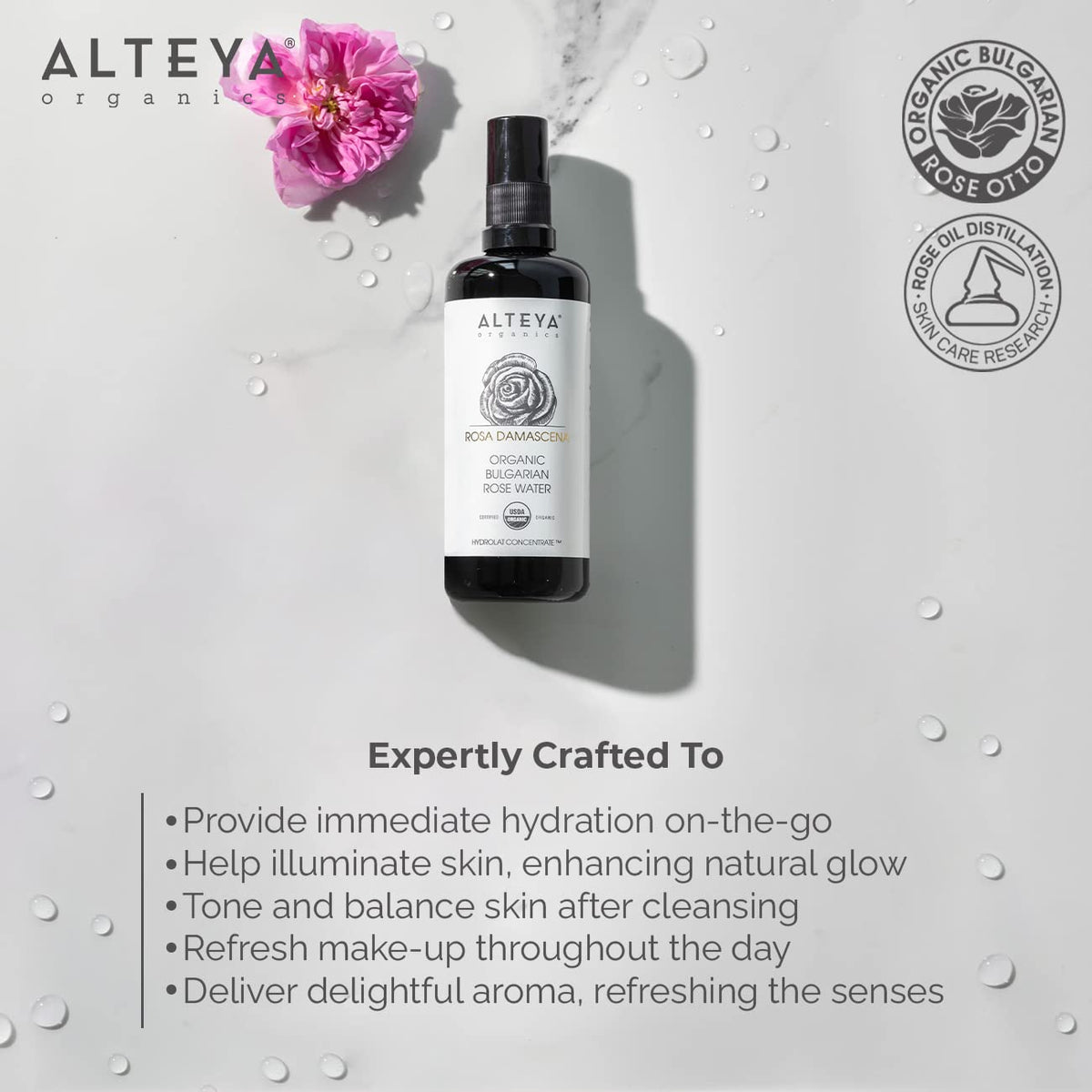 Alteya Rose Water skin application showing gentle hydration and balance