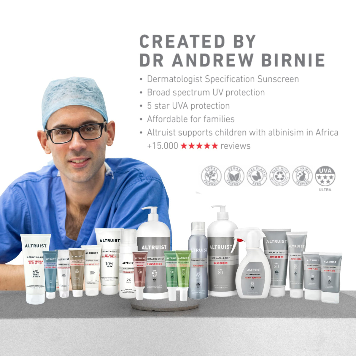 Altruist charity initiative shown with bottle supports albinism charities.