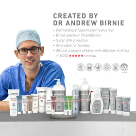 Altruist charity initiative shown with bottle supports albinism charities.