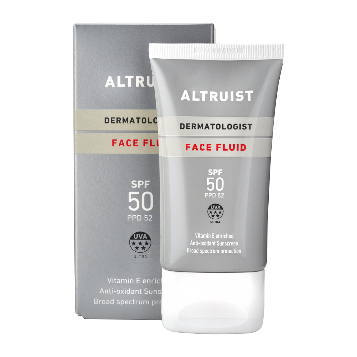 Altruist Dermatologist Sunscreen Fluid SPF50 bottle front view for daily protection.