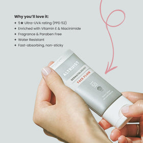 Altruist SPF50 fluid close-up label for informed use.