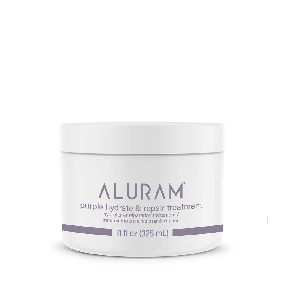 ALURAM Purple Hydrate & Repair bottle pours a cooling hydration for color-treated hair.