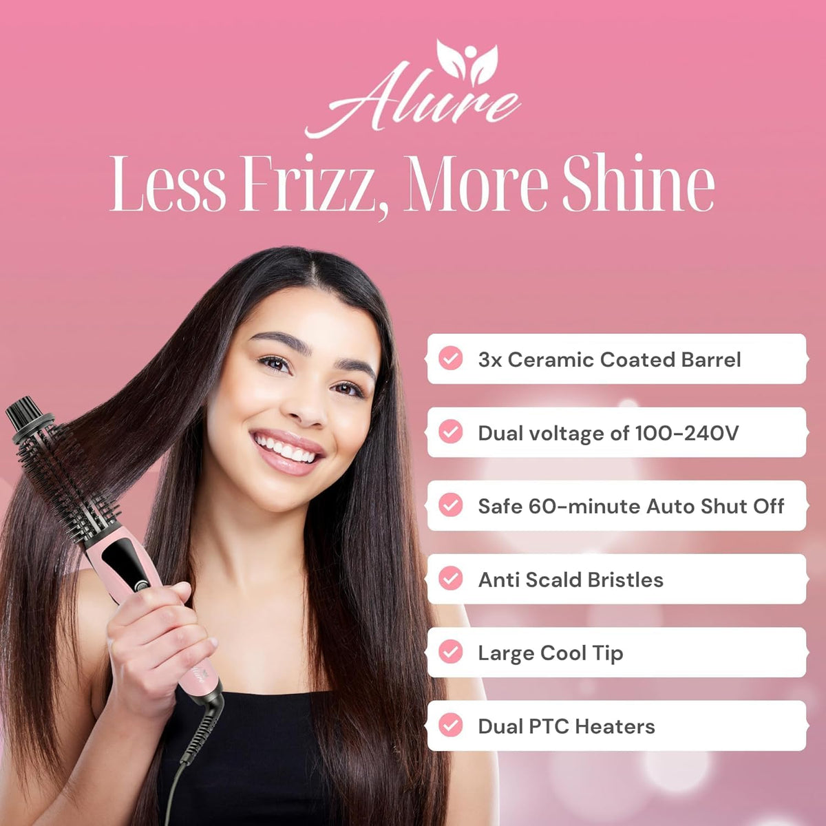 Alure ceramic-coated barrel for smooth, frizz-free curls.