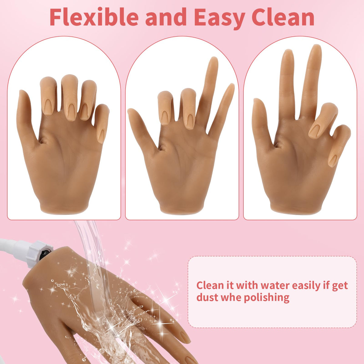 ALUROICE flexible fingers bent to show varied nail art techniques.
