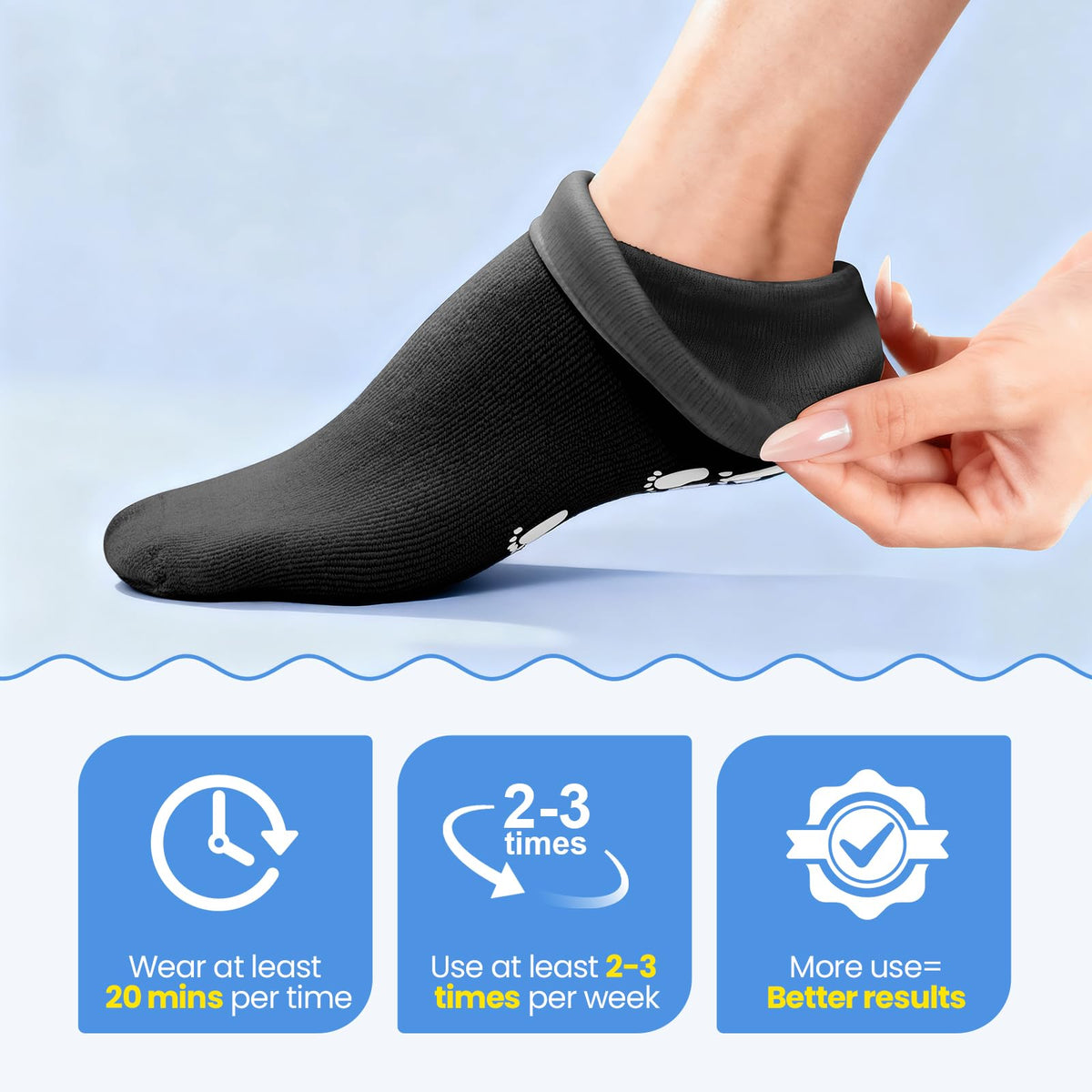 Application-on-foot view of ALUROICE moisturizing socks slipping on easily