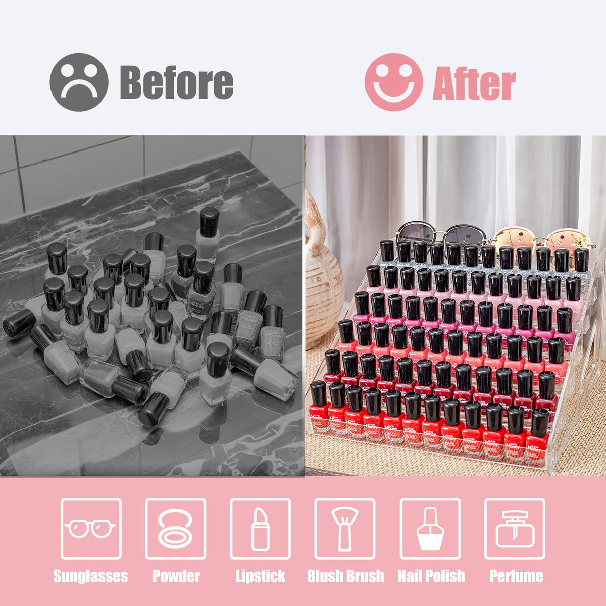 ALUYUYO nail polish bottles neatly organized on clear shelves for quick selection