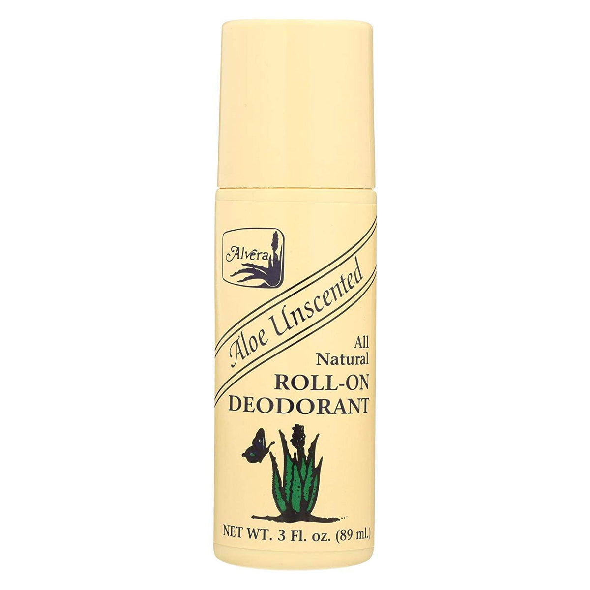 Alvera roll-on deodorant aloe unscented application shows smooth, gentle odor control.