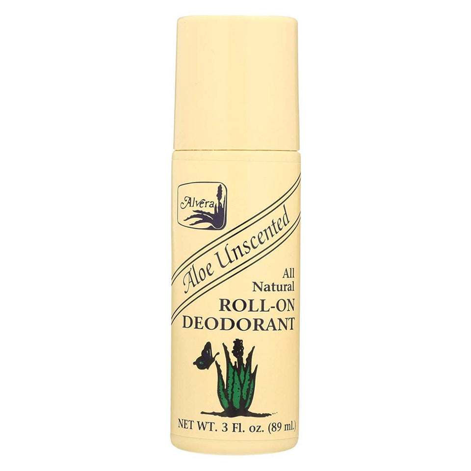 Alvera roll-on deodorant aloe unscented application shows smooth, gentle odor control.