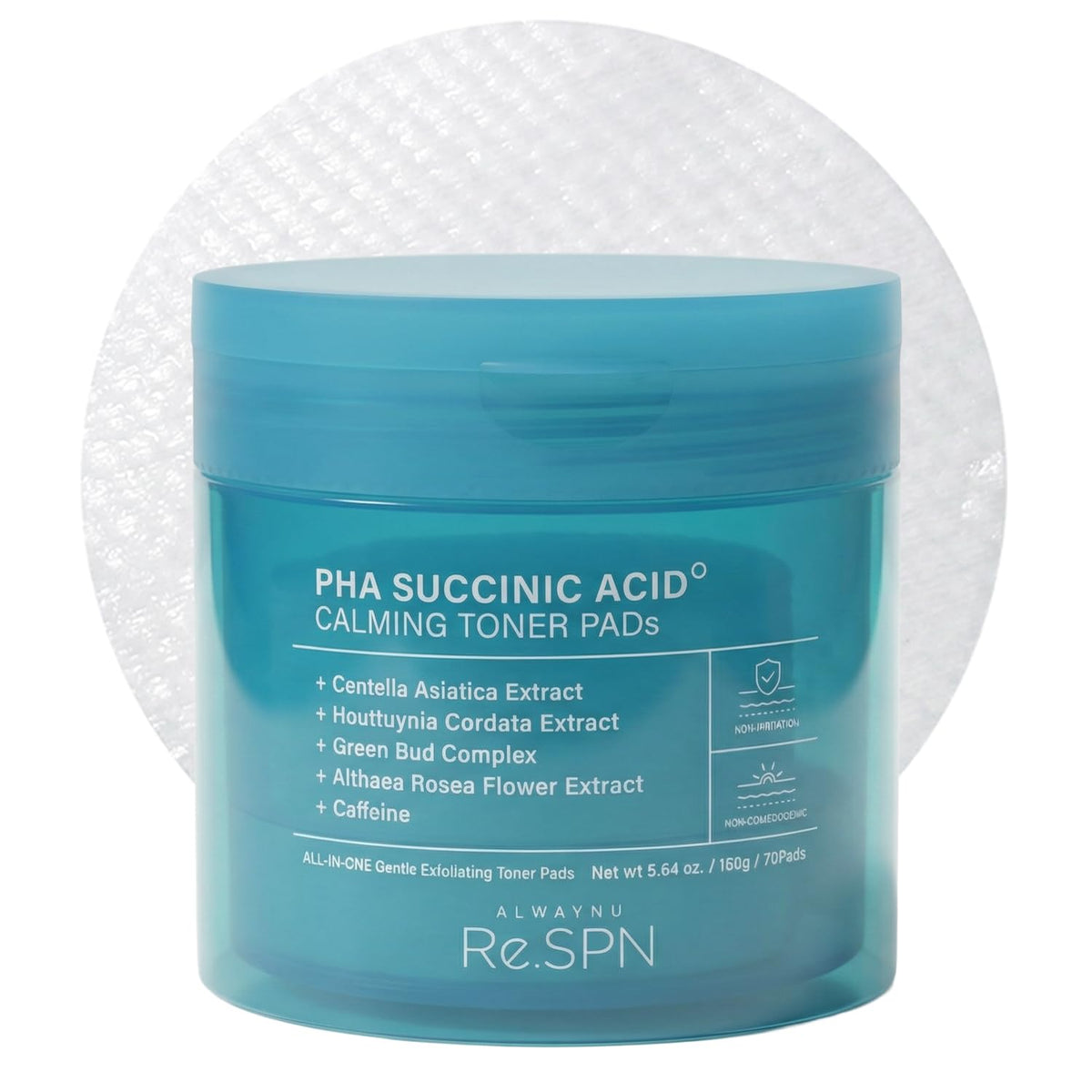 AlwayNu Re.SPN toner pad embossed side exfoliation for refined pores and balanced skin.