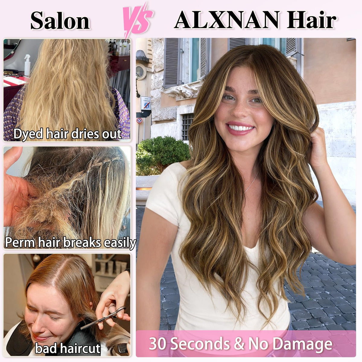 ALXNAN balayage chocolate brown to caramel blonde color transition on sleek strands