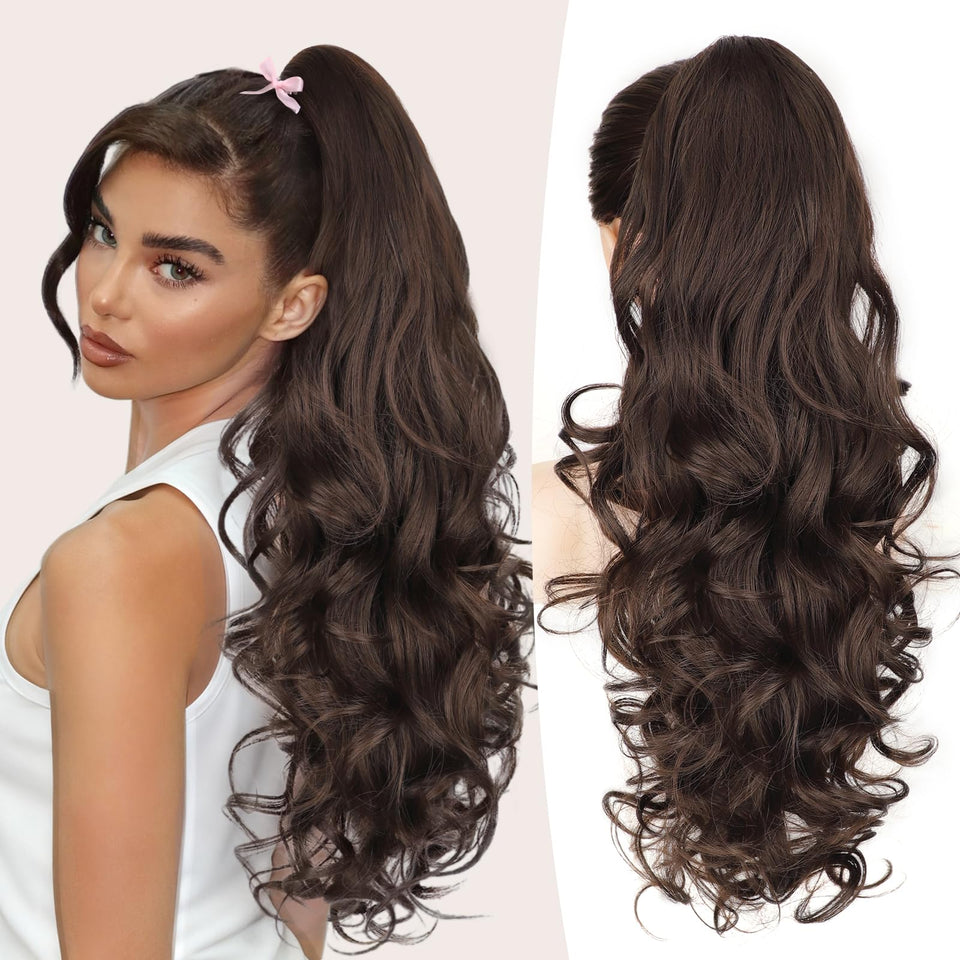ALXNAN claw long wavy pony-tail close-up showing secure clip-in for instant volume.
