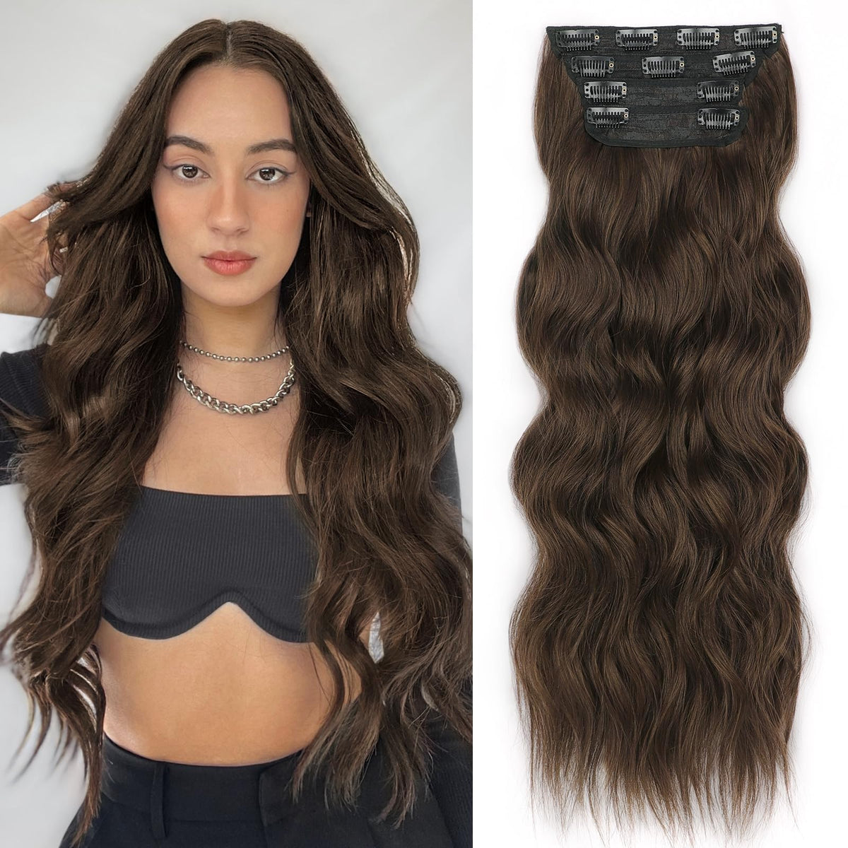 ALXNAN clip-in extensions chocolate brown 20in length add natural-looking length and volume.