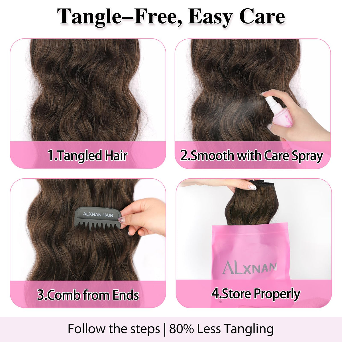 ALXNAN clip-in extensions quick and easy application for busy mornings.