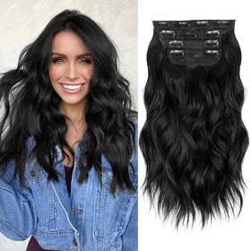 ALXNAN clip-in long wavy extension 16in in black adds instant volume and length.