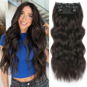 ALXNAN clip-in long wavy extension, 20 inches, dark brown, front view adds volume