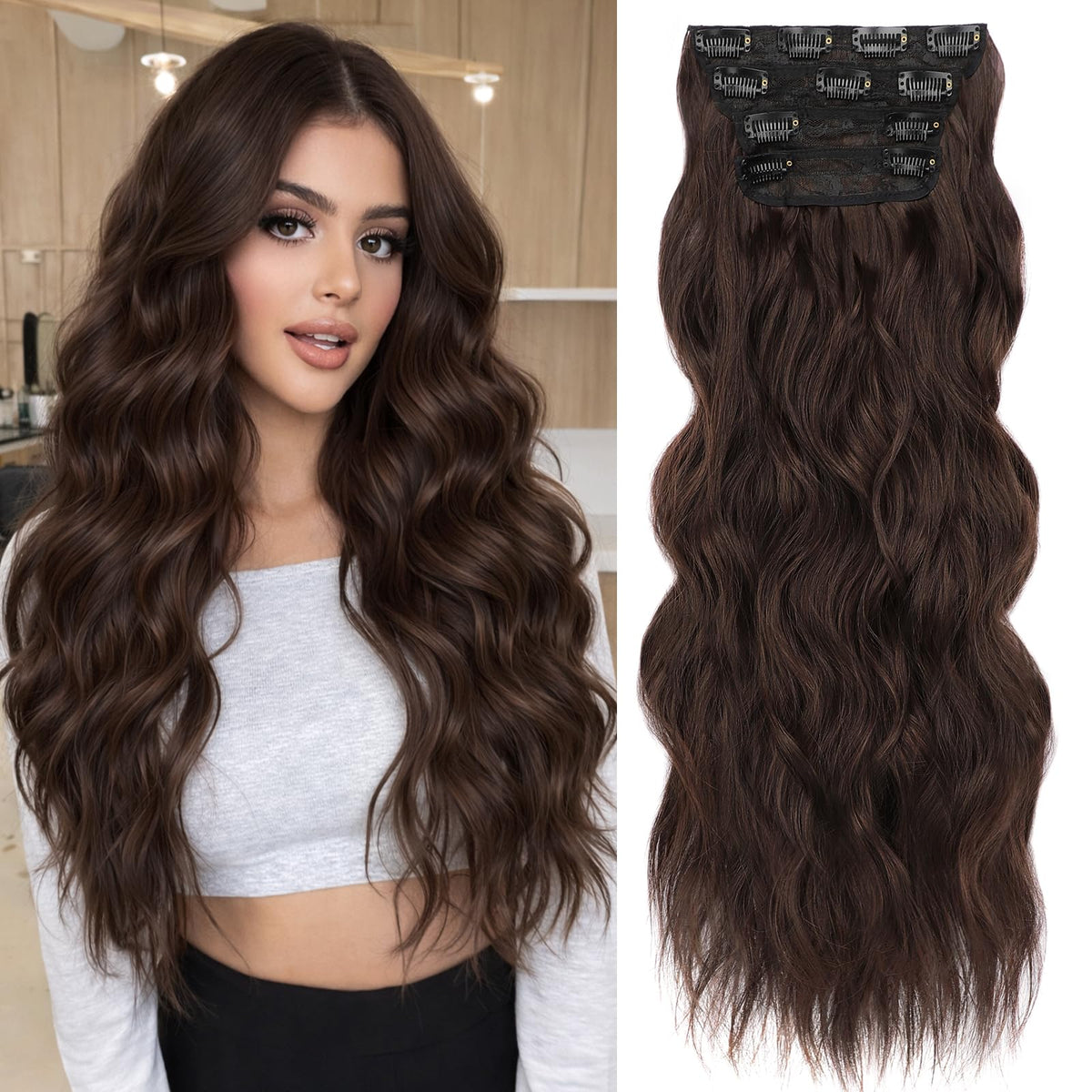 ALXNAN clip-in long wavy extension 24in chocolate brown adds instant volume.