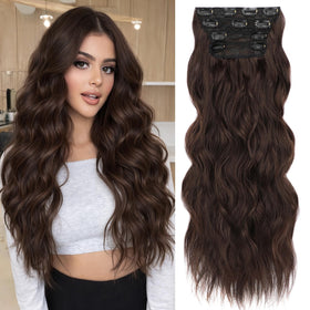 ALXNAN clip-in long wavy extension 24in chocolate brown adds instant volume.
