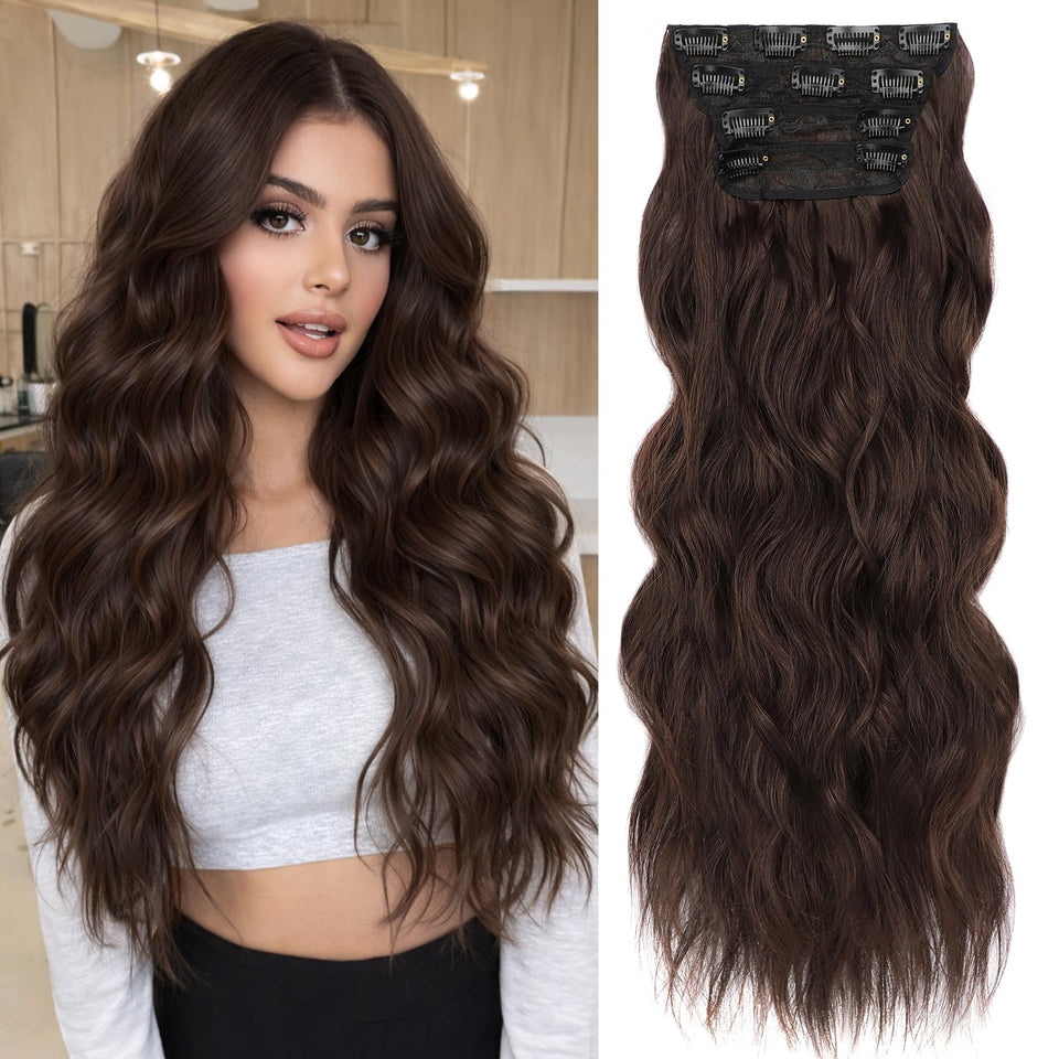ALXNAN clip-in long wavy extension 24in chocolate brown adds instant volume.