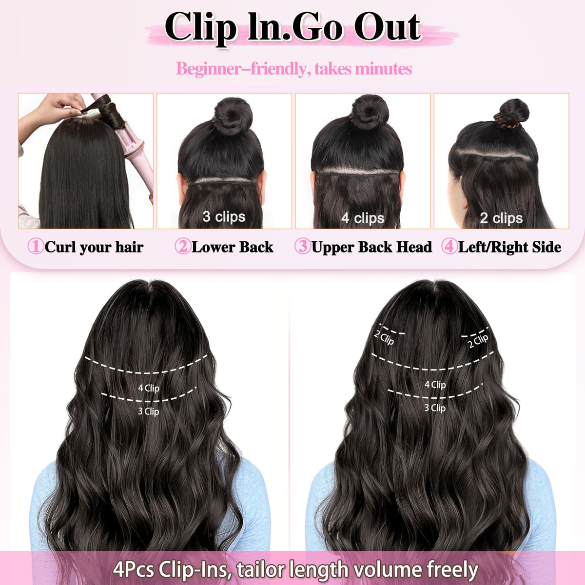 ALXNAN 24in chocolate brown clip-in extensions in natural-looking waves.