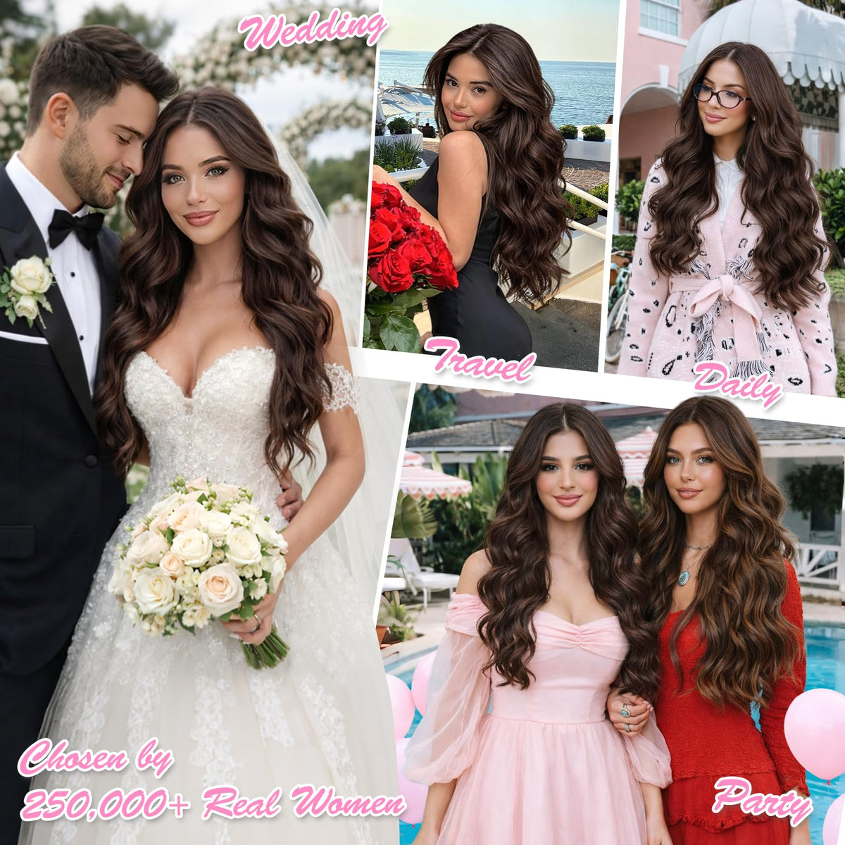 ALXNAN chocolate brown clip-in extensions four-clip wefts provide quick secure application.