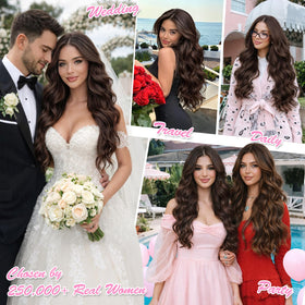 ALXNAN chocolate brown clip-in extensions four-clip wefts provide quick secure application.