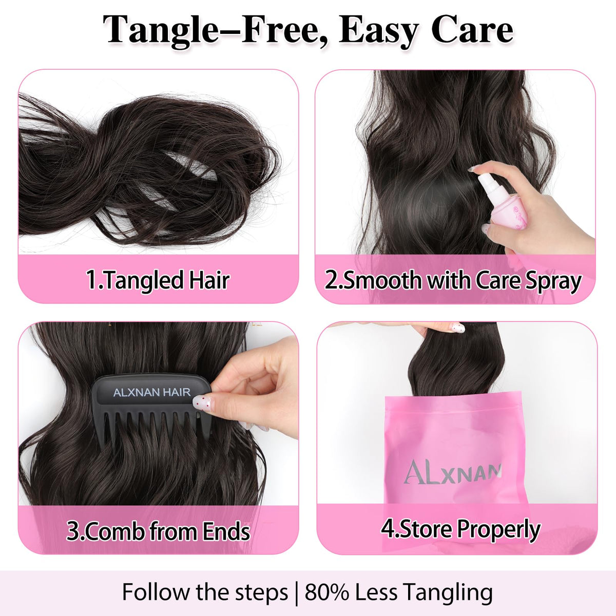ALXNAN long wavy extensions laid out showing multiple wefts in brown.