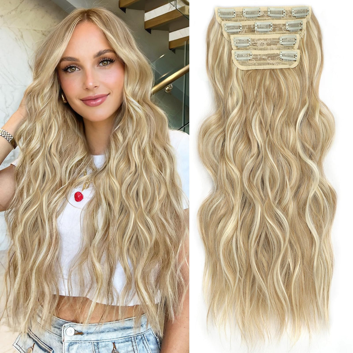 ALXNAN long wavy clip-in extension 20in Beach Blonde adds instant length and volume.