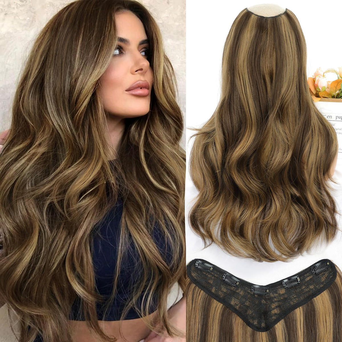 ALXNAN long wavy extensions show one-piece clip-in detail for natural blending