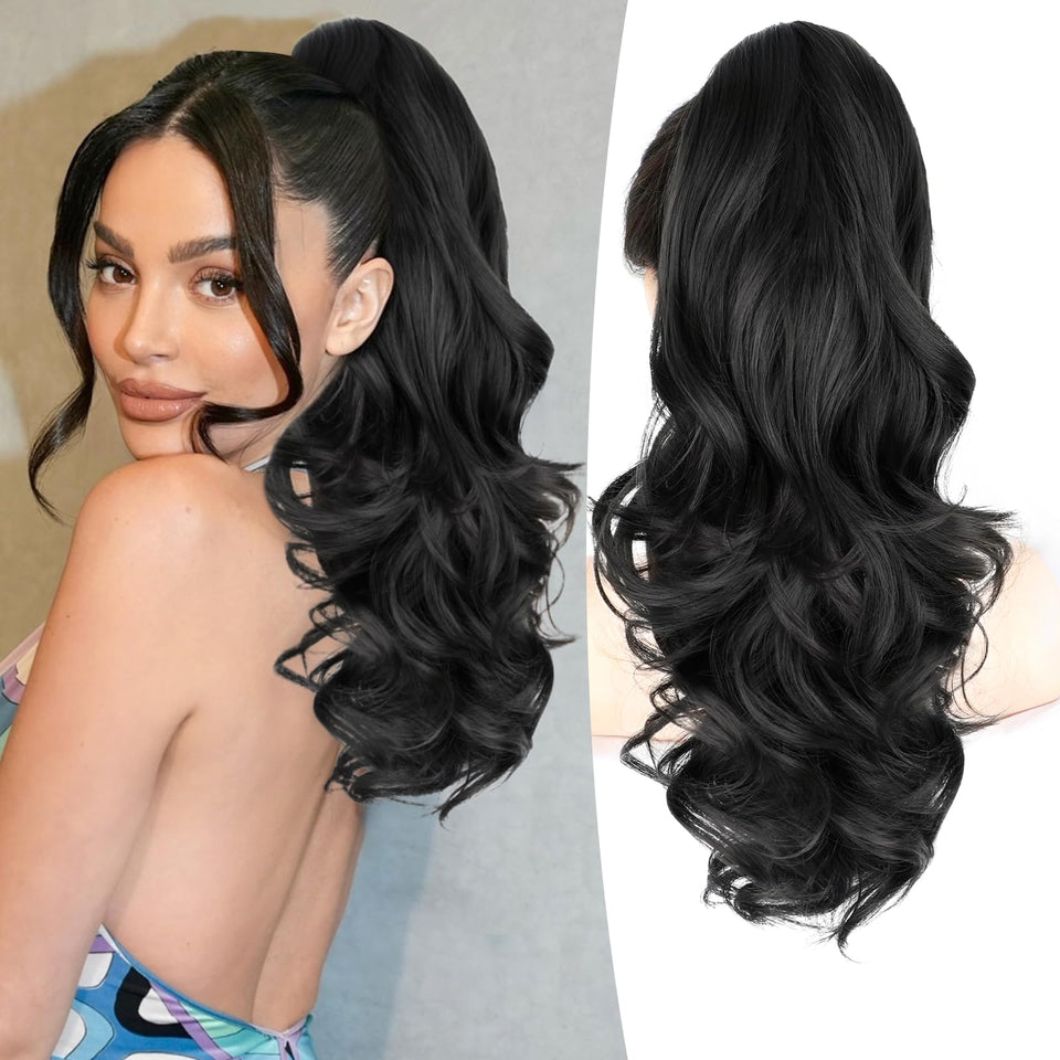 ALXNAN pony-tail extension front view for length and natural blend.