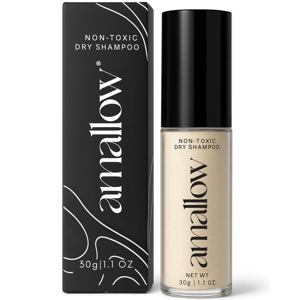 Amallow dry shampoo powder bottle for quick on-the-go refresh.