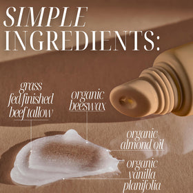 Close-up of 100 percent grass-fed beef tallow and organic beeswax ingredients.