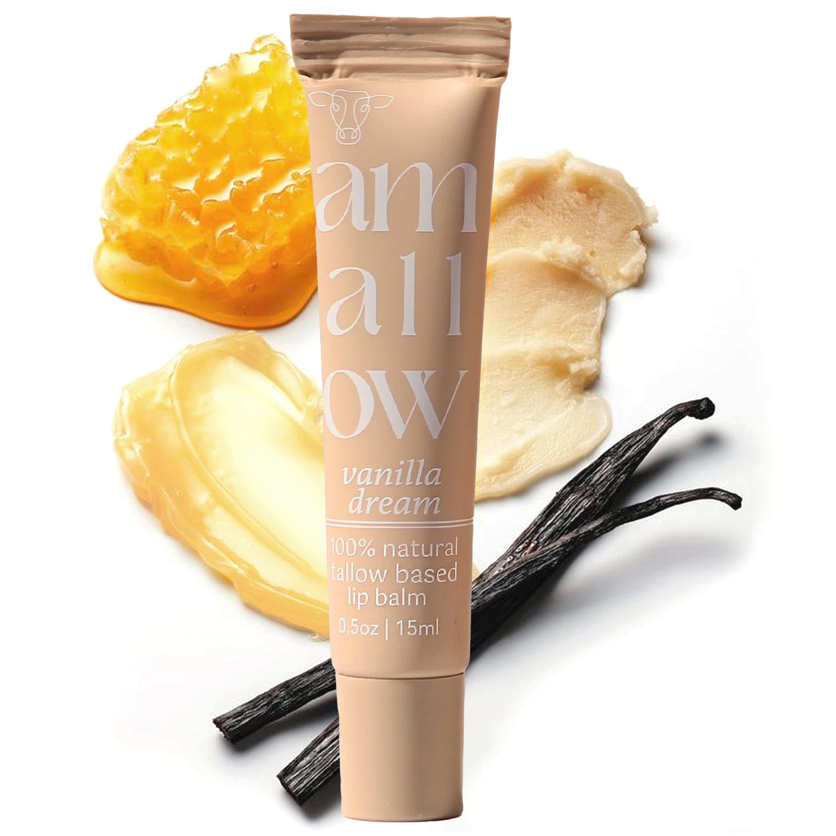 Amallow tallow lip balm in squeezable tube with vanilla dream for on-the-go hydration.
