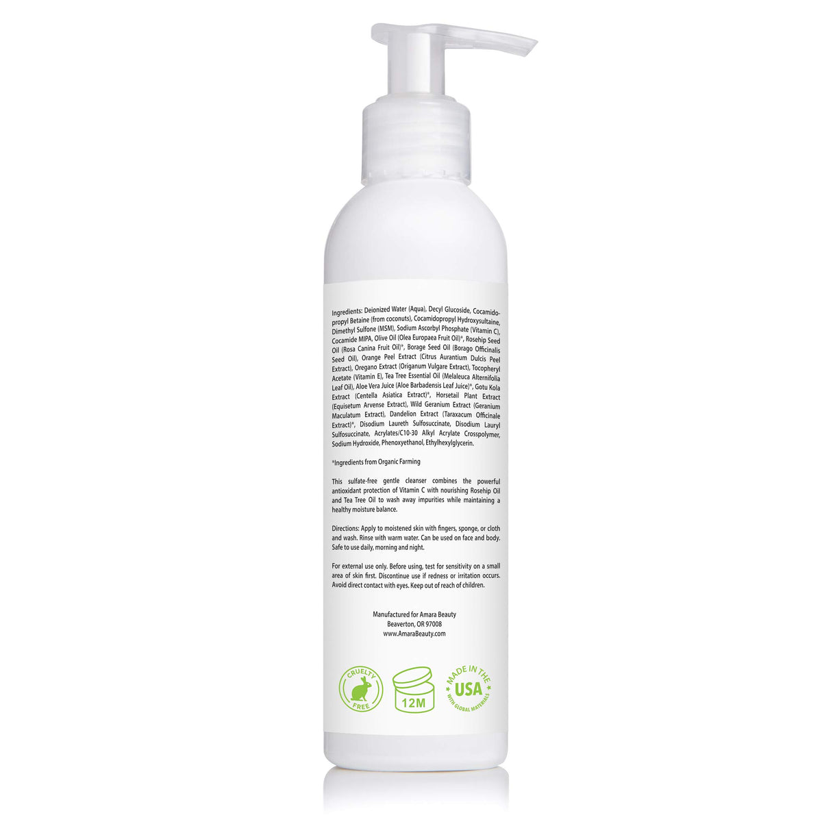 Amara Beauty facial cleanser ingredients rosehip oil and tea tree for nourishment.