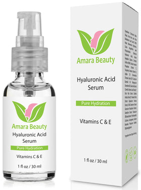 Amara Beauty Hyaluronic Serum bottle providing lightweight hydration for dry skin.