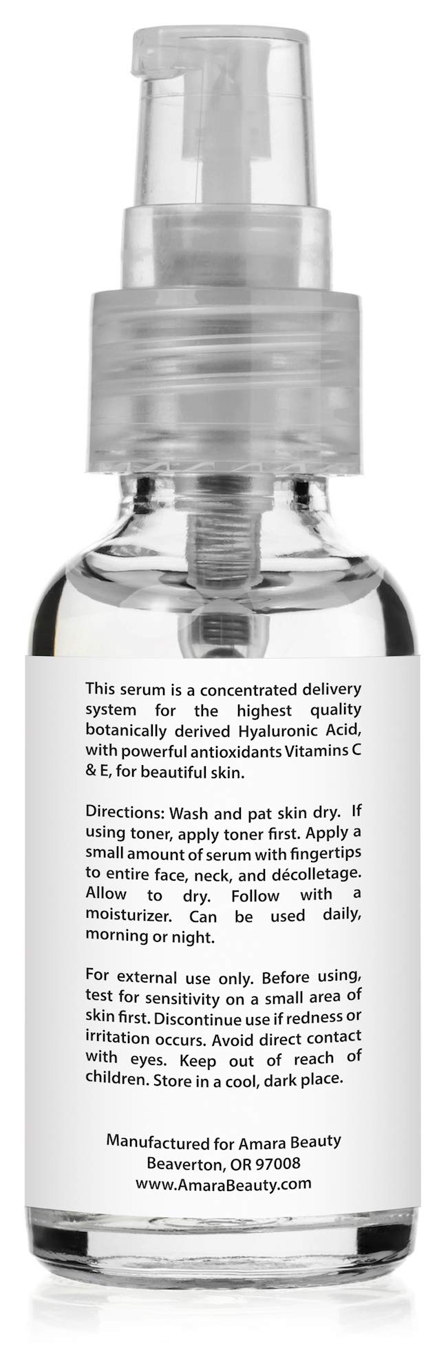 Amara Beauty Hyaluronic Serum ingredients close-up highlighting vegan formula with vitamins C and E.