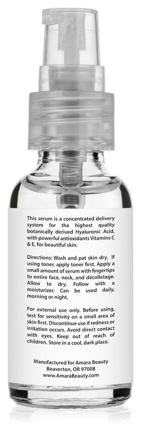 Amara Beauty Hyaluronic Serum ingredients close-up highlighting vegan formula with vitamins C and E.