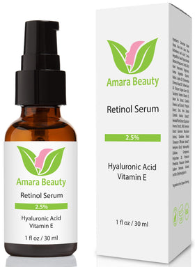 Amara Beauty Retinol Serum bottle promoting brighter, smoother skin