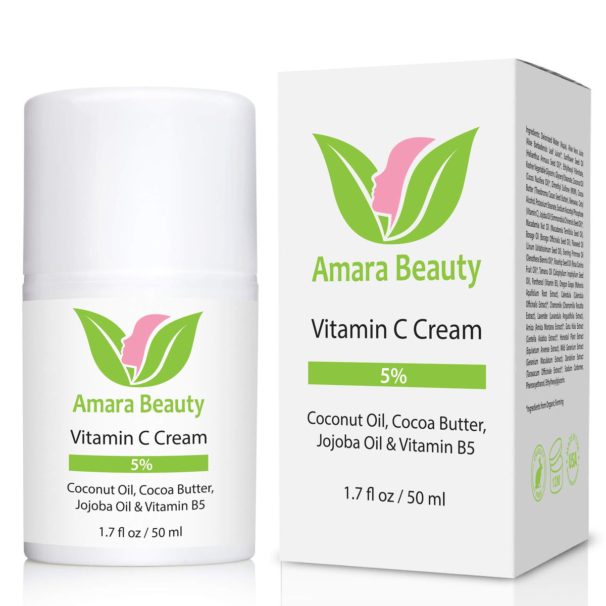 Amara Beauty Vitamin C Cream ingredients: coconut oil and jojoba oil for moisture.