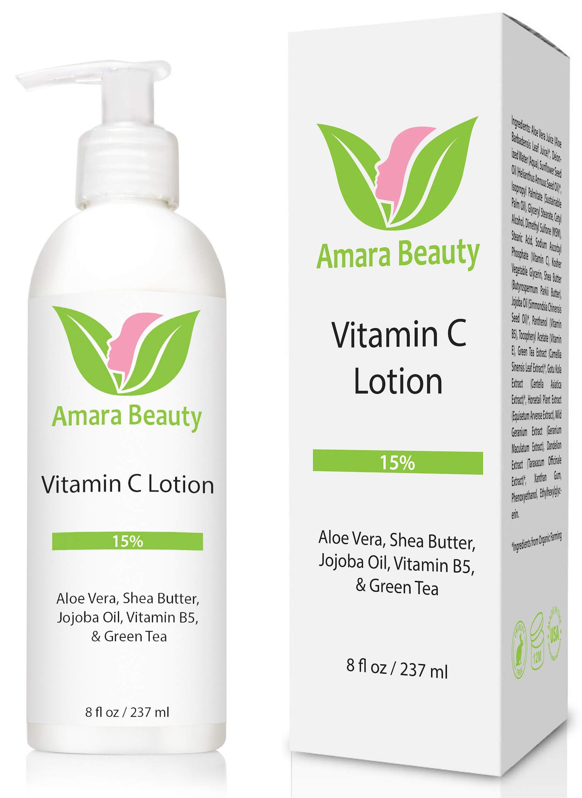 Amara Beauty Vitamin C Lotion 8oz bottle for daily face and body hydration.
