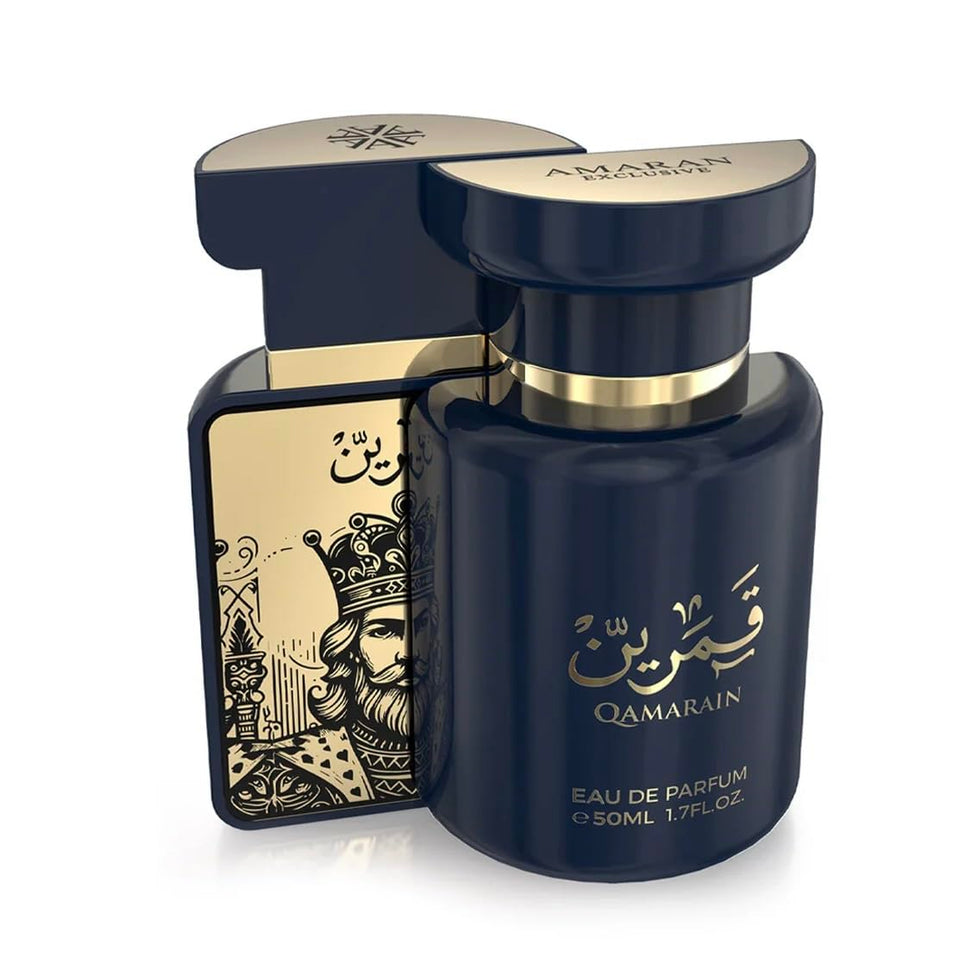 Amaran Parfums Qamarain For Him bottle display, bold woody-aromatic profile for everyday confidence.