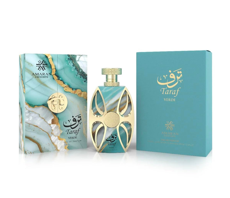 AMARAN TARAF VERDE bottle front highlighting modern unisex scent for daily confidence.