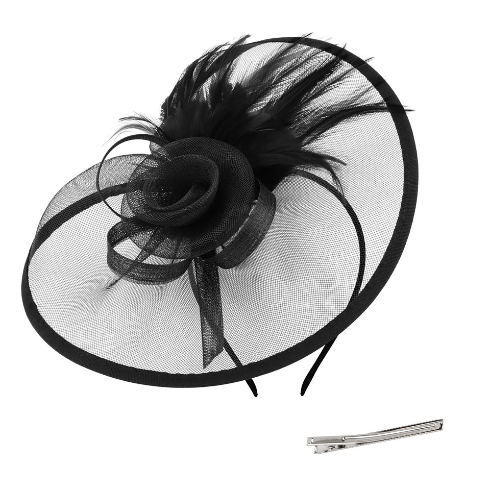 Amariver fascinator in black with feather mesh detail for elegant events.