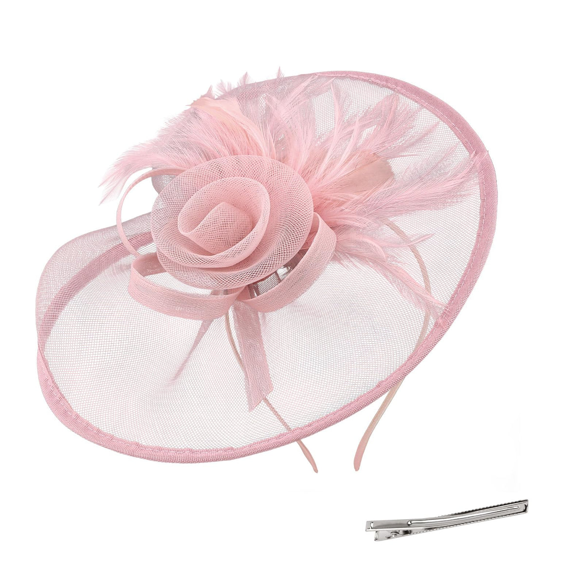 Amariver fascinator hat in pink mesh with feather detail for elegant events.